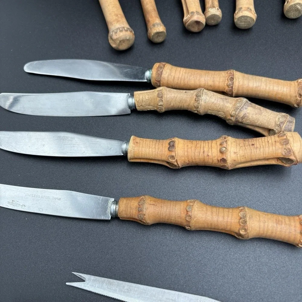 1950s Vtg Natural Bamboo Flatware Set Japan Stainless Steel MCM Tiki Boho 39 PCs
